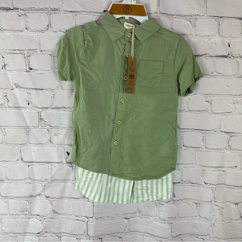 NWT rabbit + bear organic cotton linen blend short set boys sage green - Picture 8 of 14